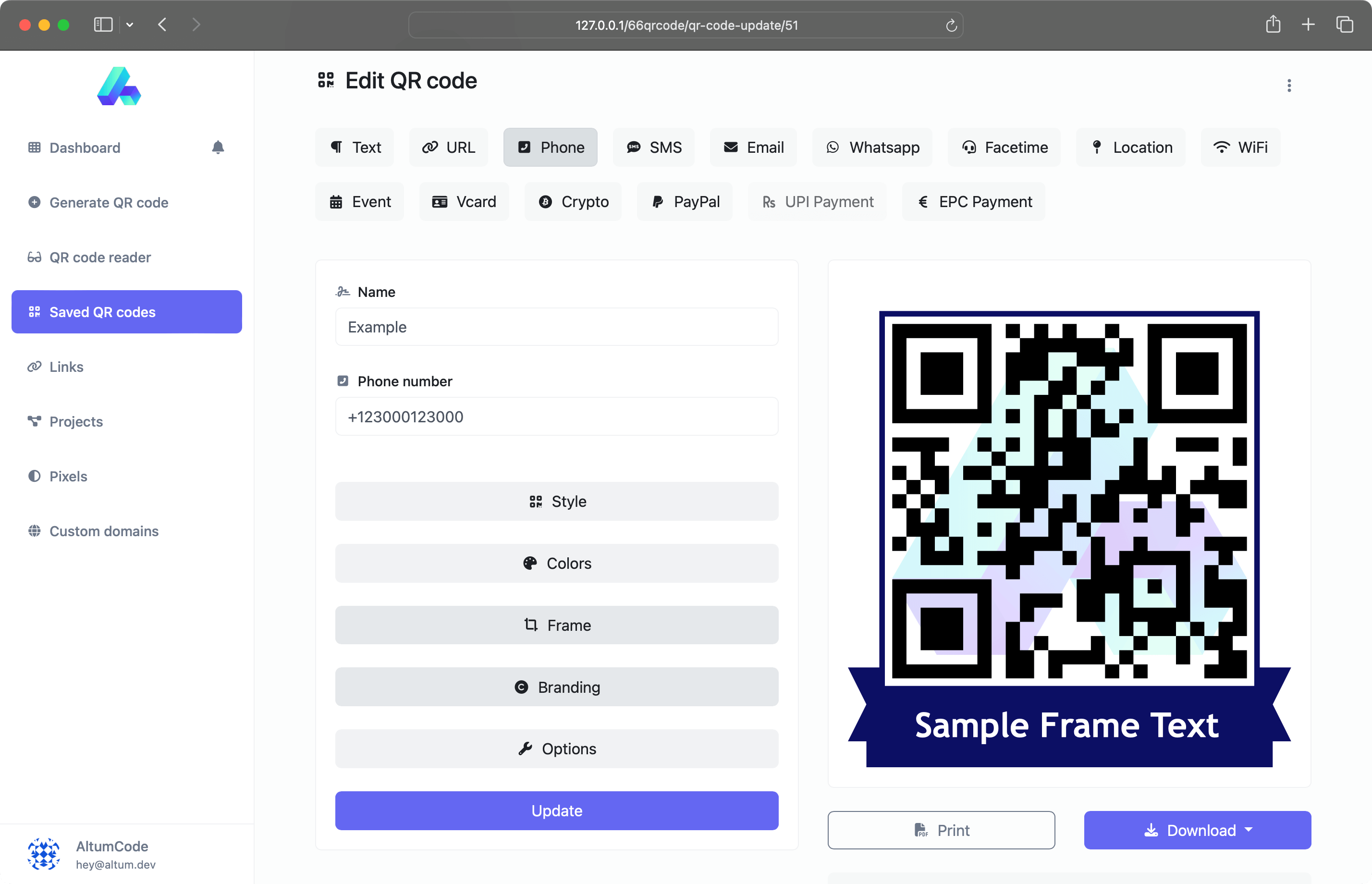 Captura de tela da página do gerador de QR Codes